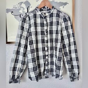 LOFT buffalo plaid ruffle sleeve hem button up blouse xs